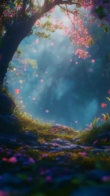 Whisperlit blossom path beneath a dream-soaked forest sky.