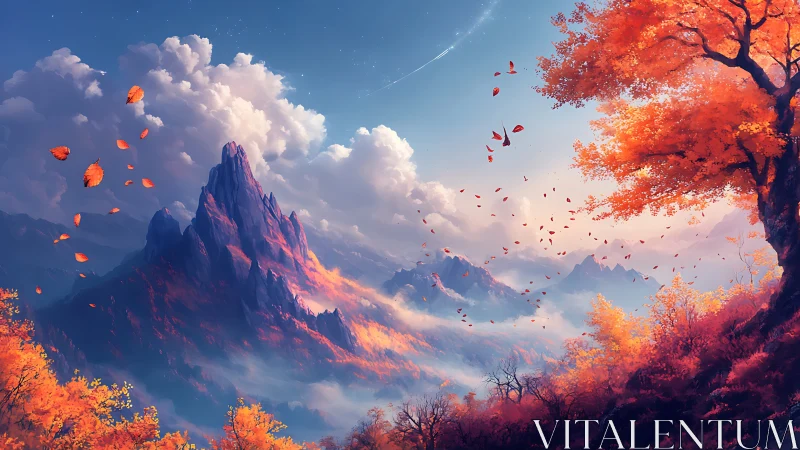Autumn mountain landscape with clouds, valley and falling leaves.