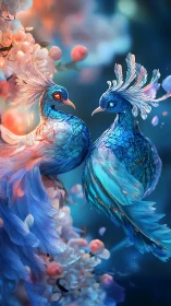 Vibrant blue fantasy birds perch amid glowing blossom boughs