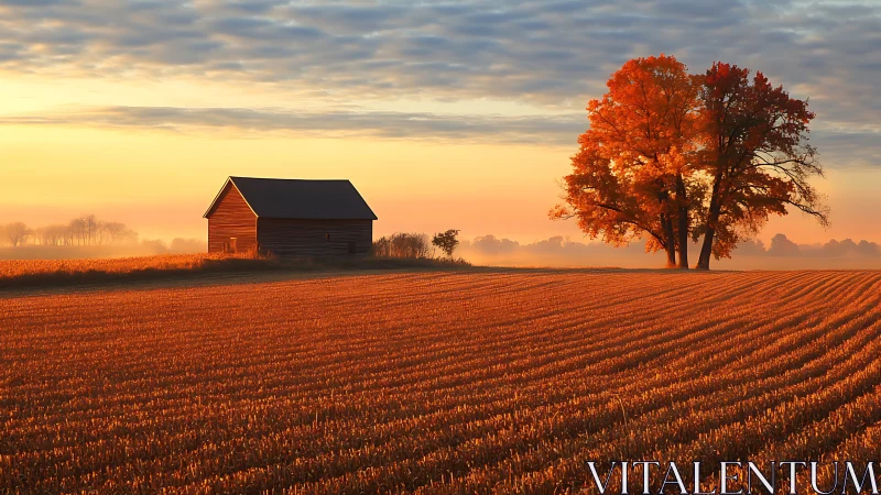 Sunlit autumn barn beside orange trees over plowed field