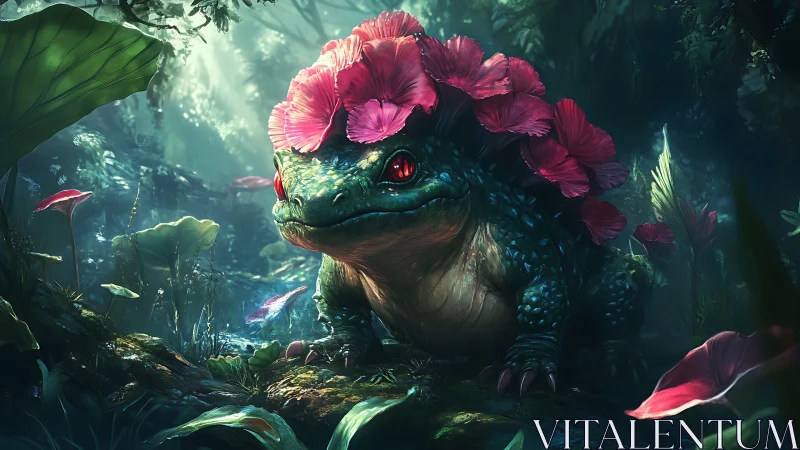 Gentle forest creature crowned with bright pink blossoms.