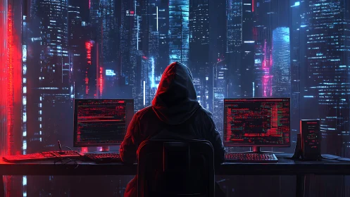 Neon code phantom orchestrates secrets above cyber city.