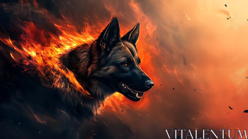 German shepherd head emerges from swirling firestorm glow