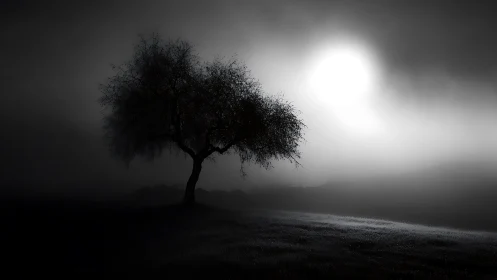 Solitary shadow tree drinking moonlight in silver fog.