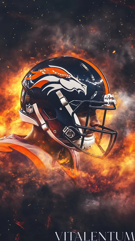 Side-profile football portrait isolates helmet in fiery haze