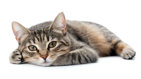 Tabby Cat Resting on White Surface with Alert Expression