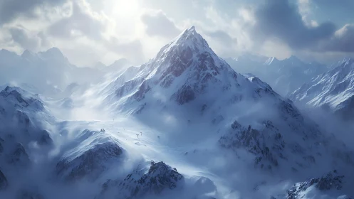 Snow-covered mountain range rises above cloud-filled valley