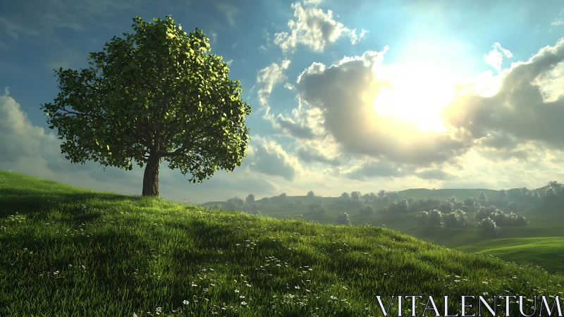 Photorealistic lone tree on sunlit rolling meadow landscape.