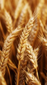 Golden wheat ears in closeup against soft blurred field.