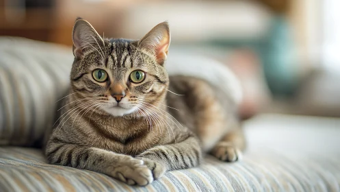 Striped Tabby Cat Lounging with Piercing Emerald Gaze