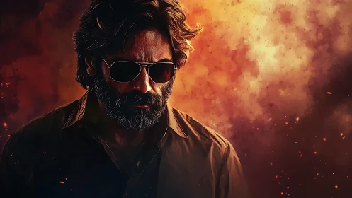 Shadowed drifter walks through embers like a fading legend