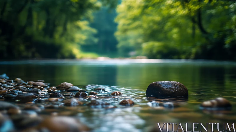 Tranquil river with smooth stones in lush green forest, nature photo.