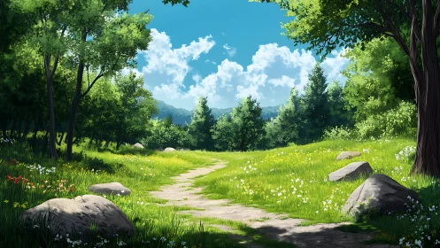 Sunlit forest path wandering through wildflower meadows.