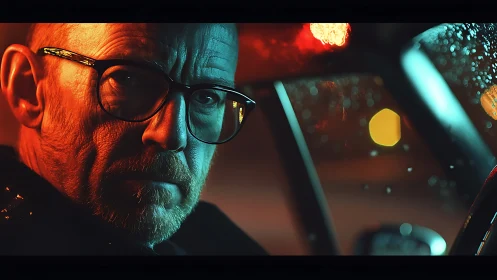 Weathered driver in neon rainlight, haunted by quiet storms.