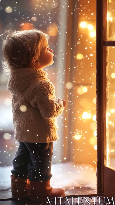 Small child gazes at glowing winter doorway in wonder