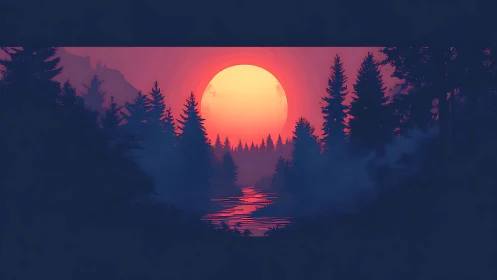 Sunset over conifer forest with reflective river corridor.