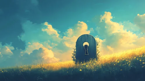 Vertical keyhole structure in sunlit meadow under clouds.