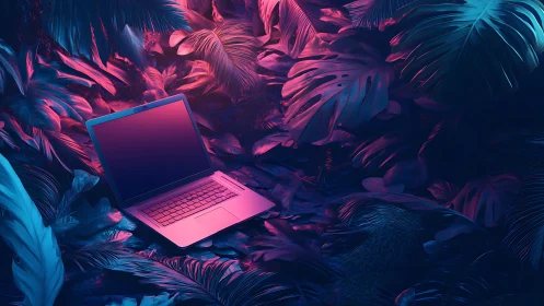Neon jungle laptop dreaming under cybernetic moonlight.