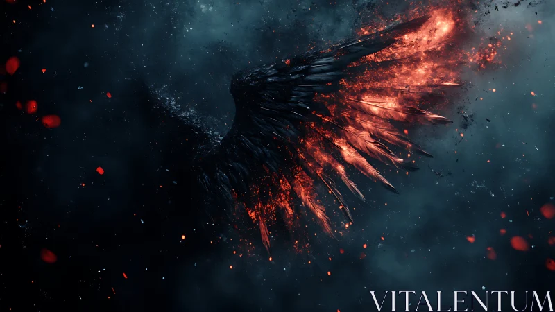 Blazing dark wing rises in swirling ash and embered sky