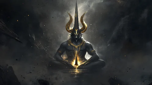 Horned dark deity sits centered in smoke with glowing core