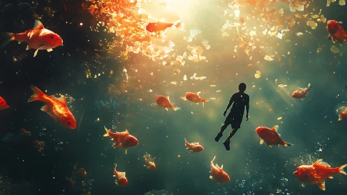 Silhouetted diver drifts through golden koi under sunlit water.