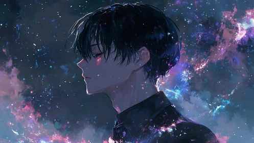 Stellar-lit anime profile portrait isolates figure in cosmic nebula field