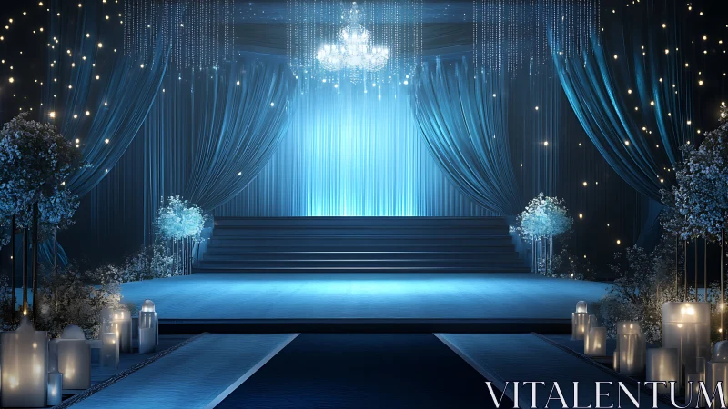 Dreamy blue ballroom stage glowing with soft candlelight.