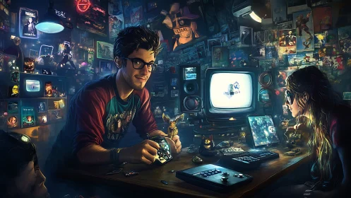 Retro gaming den glows with nostalgic neon and shared wonder