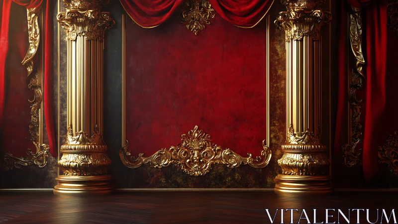 Ornate red and gold classical interior wall with columns.