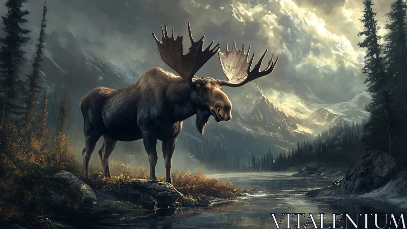 Stormlit monarch moose surveys a mirror-still alpine river