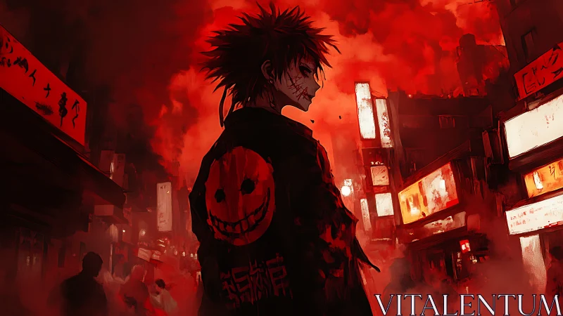 Scarred antihero in neon-smoked alley rendered in crimson noir