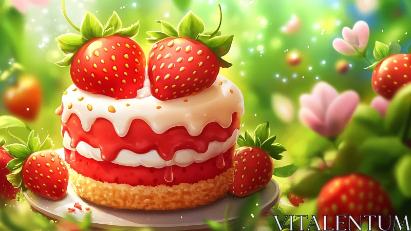 Strawberry Layer Cake with Fresh Fruit Garnish and Soft Bokeh Background