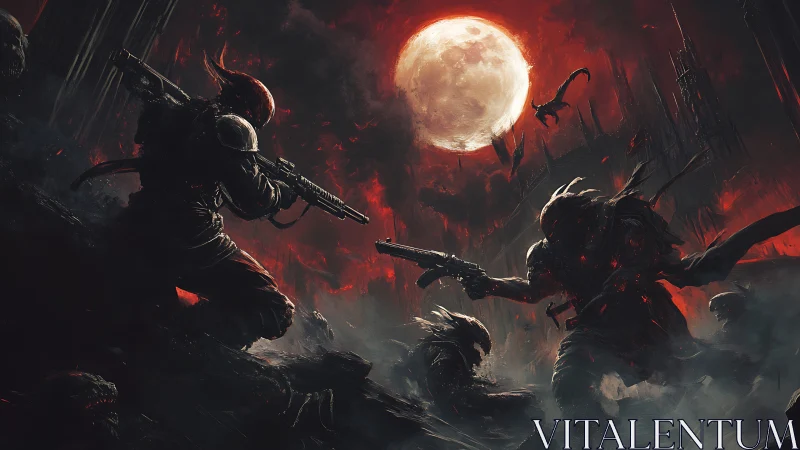 Heavily armed soldiers confront demons under blood moon.