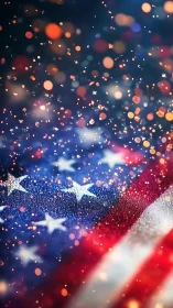 United States flag with bokeh light particles overlayed.