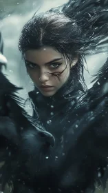 Stormbound raven warrior with scarred gaze in snowfall.