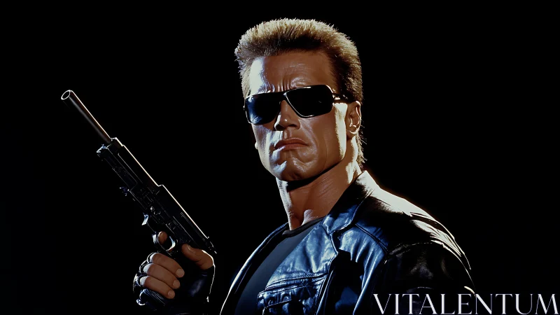 Photorealistic cyborg gunman in leather jacket portrait.