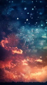 Colorful fireworks over clouds and night sky scene.