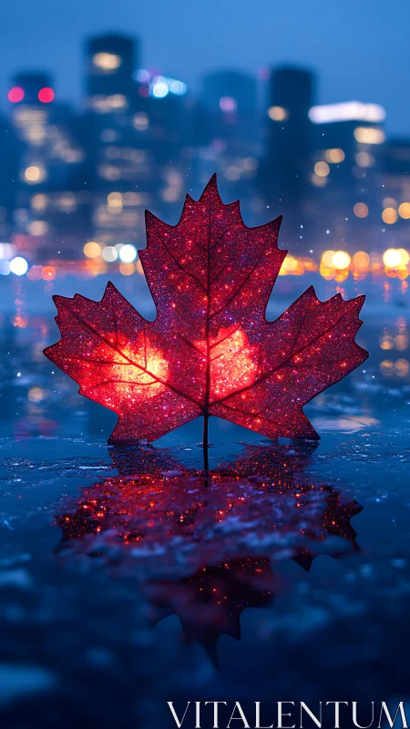 Glowing red maple leaf over city lights reflection at dusk.