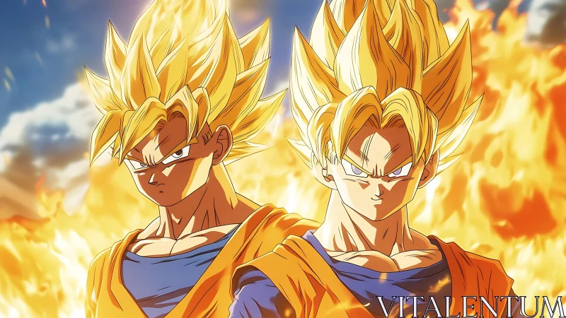 Twin blazing warriors ignite a storm of golden power.