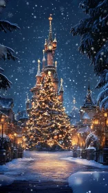 Enchanted winter castle glows around a storybook Christmas tree.