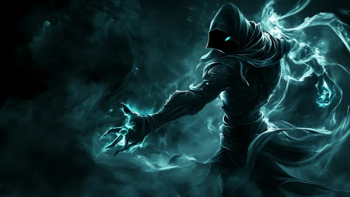 Mystic hooded reaper reaches out with swirling blue power