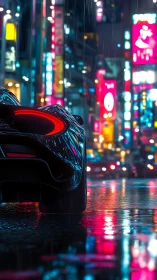 Midnight supercar paused in neon soaked city streets.