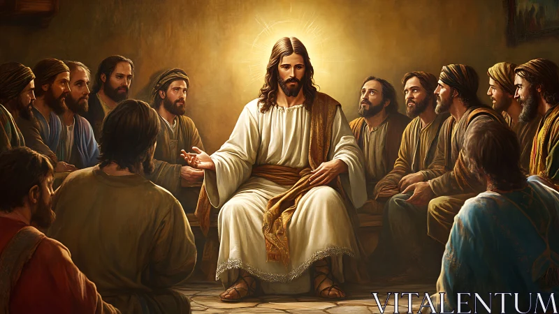 Central seated figure instructs surrounding group of men