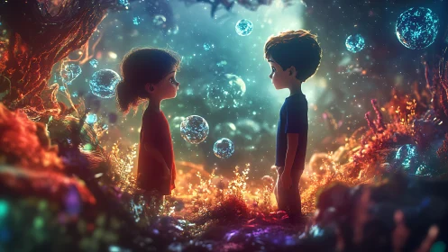 Childhood meeting in a glowing underwater dream garden.