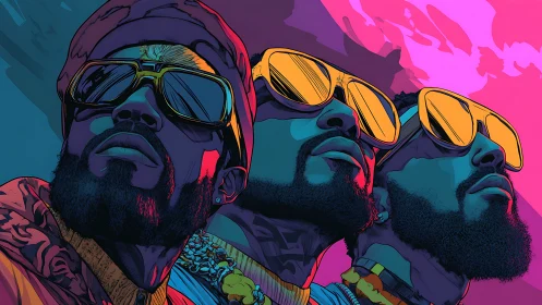 Neon-tinged hip-hop trio gaze upward in bold vector color.