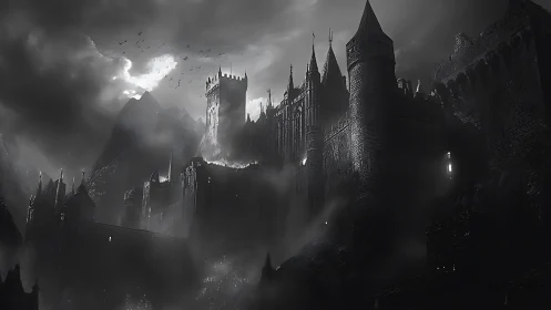 Gothic fortress silhouette emerges through volumetric fog and storm lighting