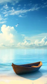 Wooden rowboat rests on tranquil turquoise shoreline at dawn.