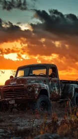 Rust-tattooed pickup basking beneath a wildfire sunset sky.