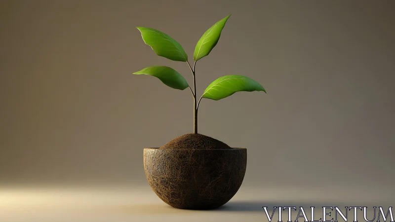 Young leafling rising from sculpted cocoa shell soil.