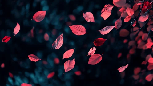 Crimson autumn leaves drifting through dark teal air.